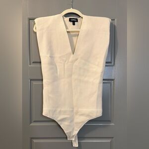 Express Cream V-Neck Structured Shoulder Bodysuit